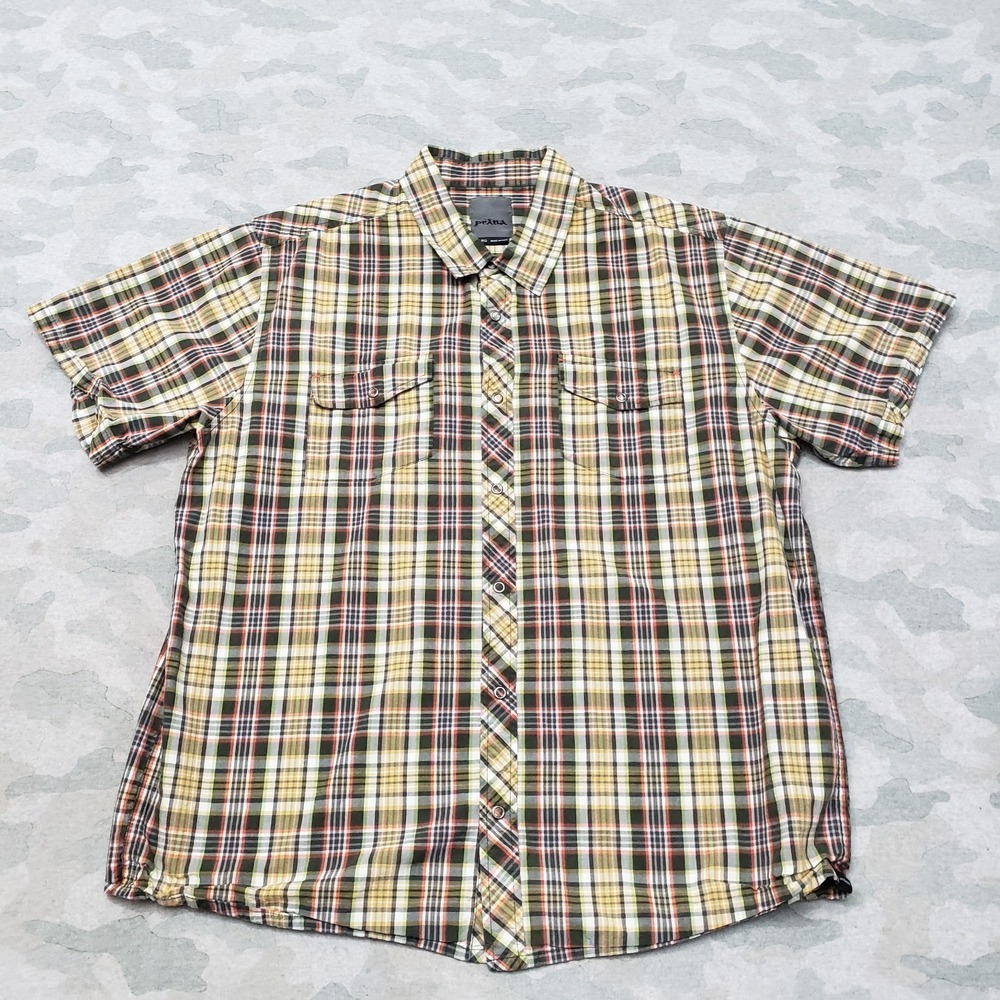 Prana Shirt Mens XL Green Pockets Snap‎ Up Short Sleeve Plaid Outdoors Hiking